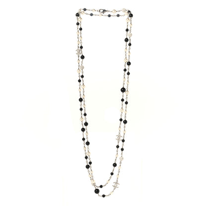 Chanel Pearl Crystal Bead CC Long Necklace Black Silver 3 of 5