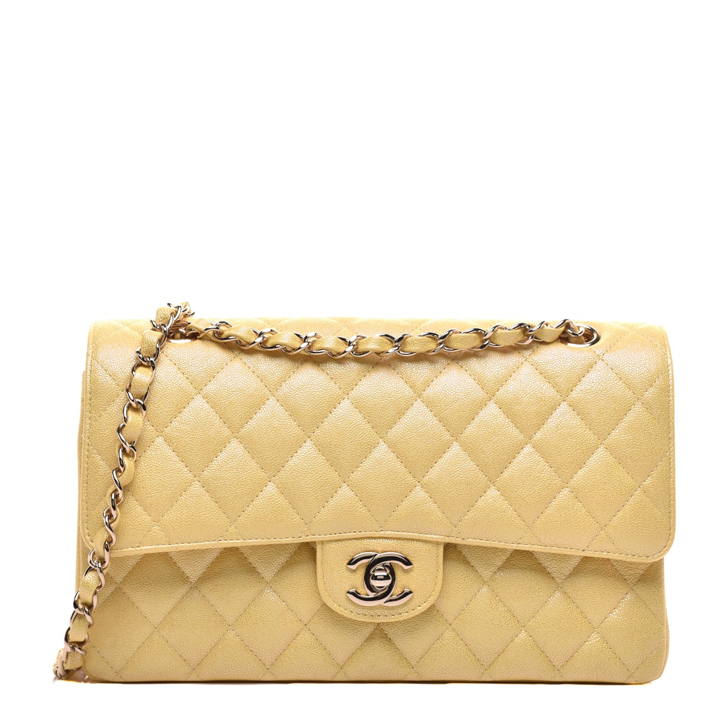 Iridescent Caviar Quilted Medium Double Flap Yellow