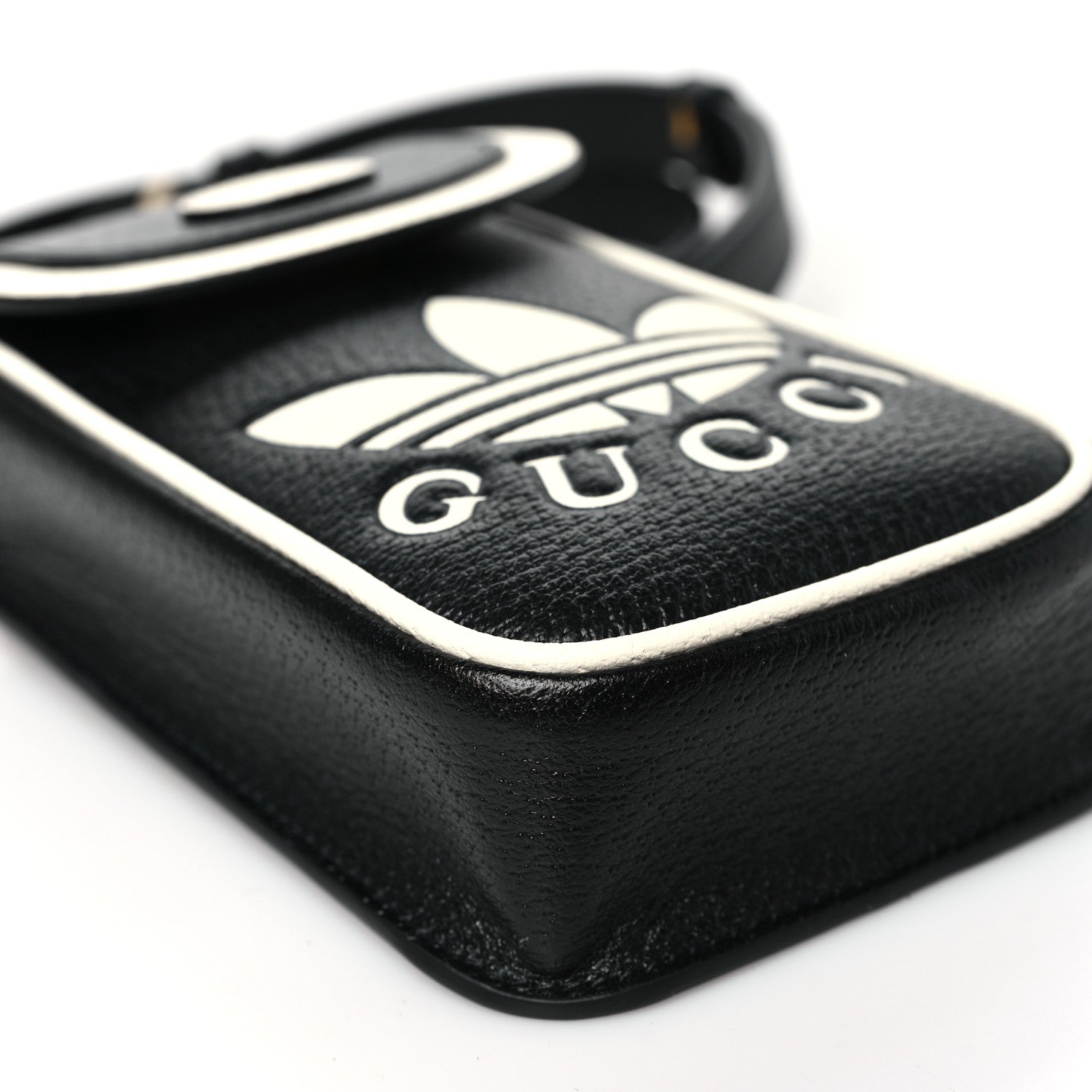 Gucci X ADIDAS Textured Dollar Calfskin Trefoil Embossed Phone Crossbody Bag Black Off White 9 of 10