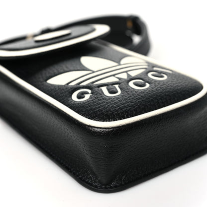 Gucci X ADIDAS Textured Dollar Calfskin Trefoil Embossed Phone Crossbody Bag Black Off White 9 of 10