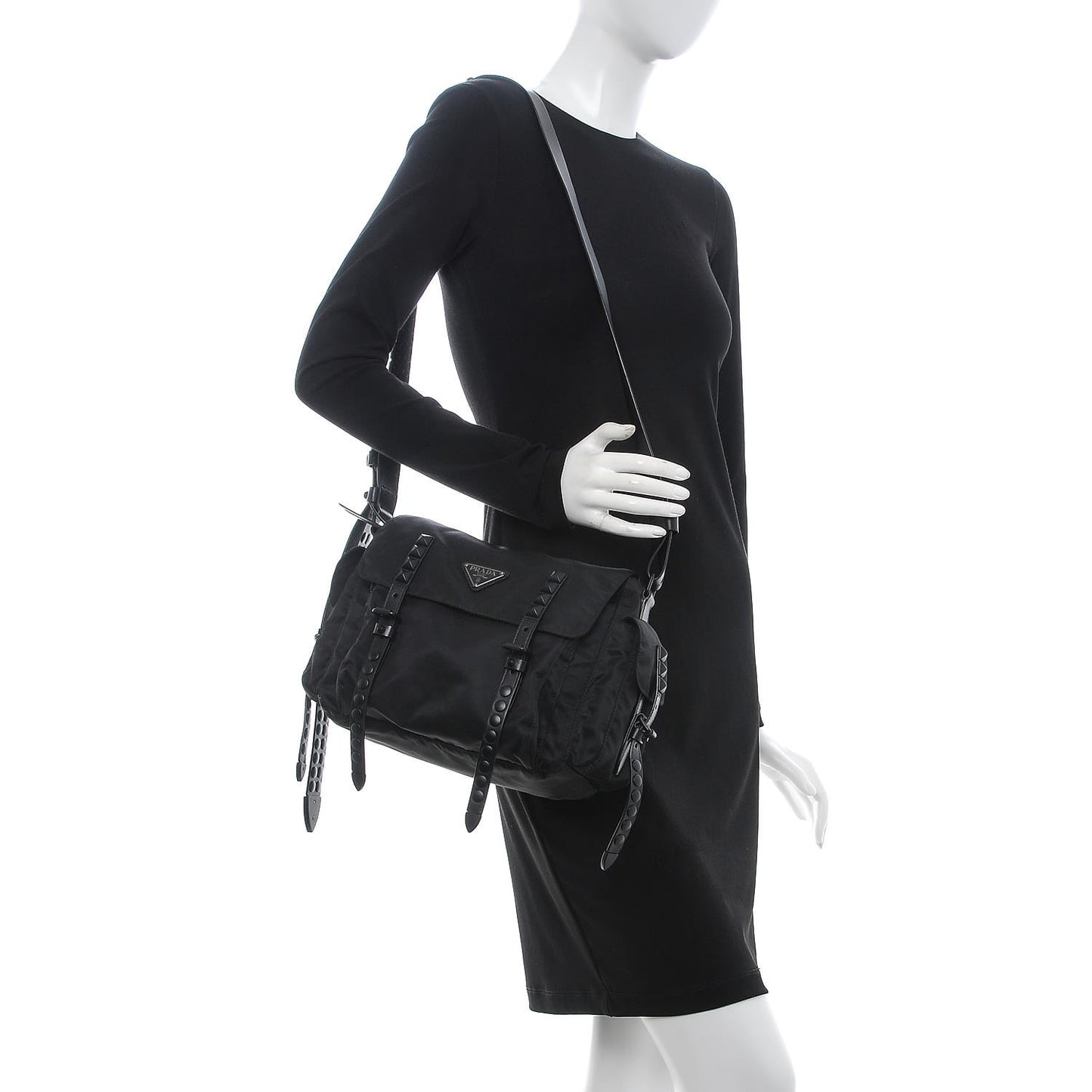 Nylon New Vela Studded Messenger Bag Black