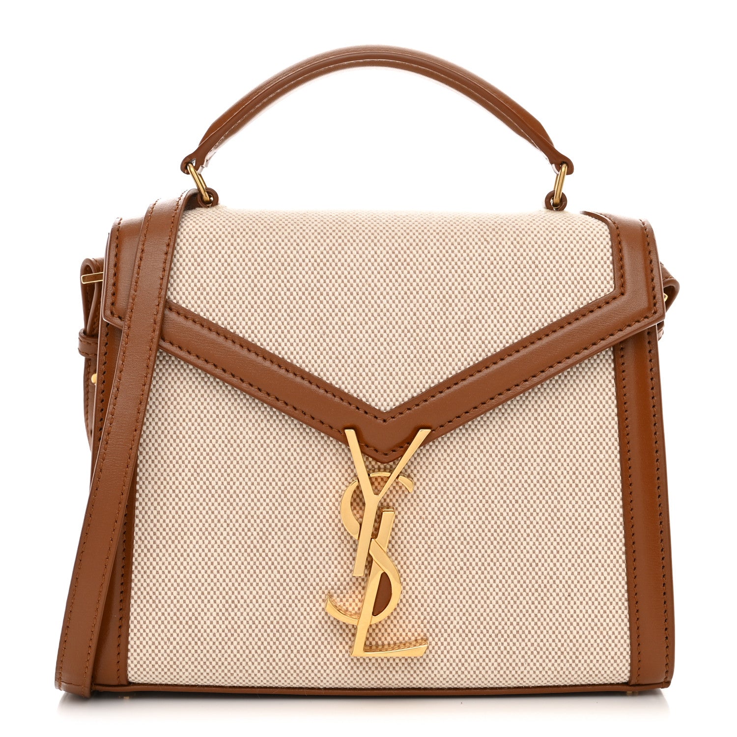 Saint Laurent Canvas Calfskin Mini Classic Monogram Cassandra Top Handle Tan Natural 1 of 10