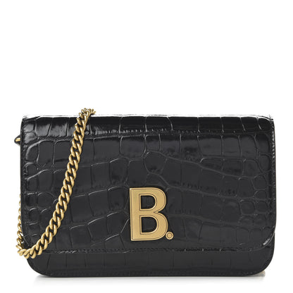 Balenciaga Crocodile Embossed Patent B Wallet On Chain Black 1 of 9