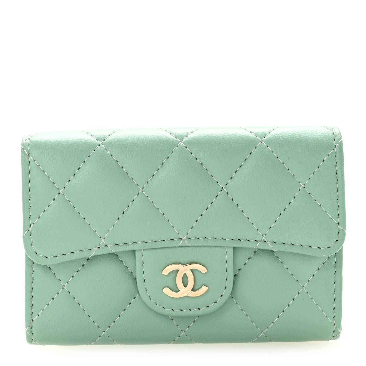 Lambskin Quilted Flap Card Holder Wallet Green