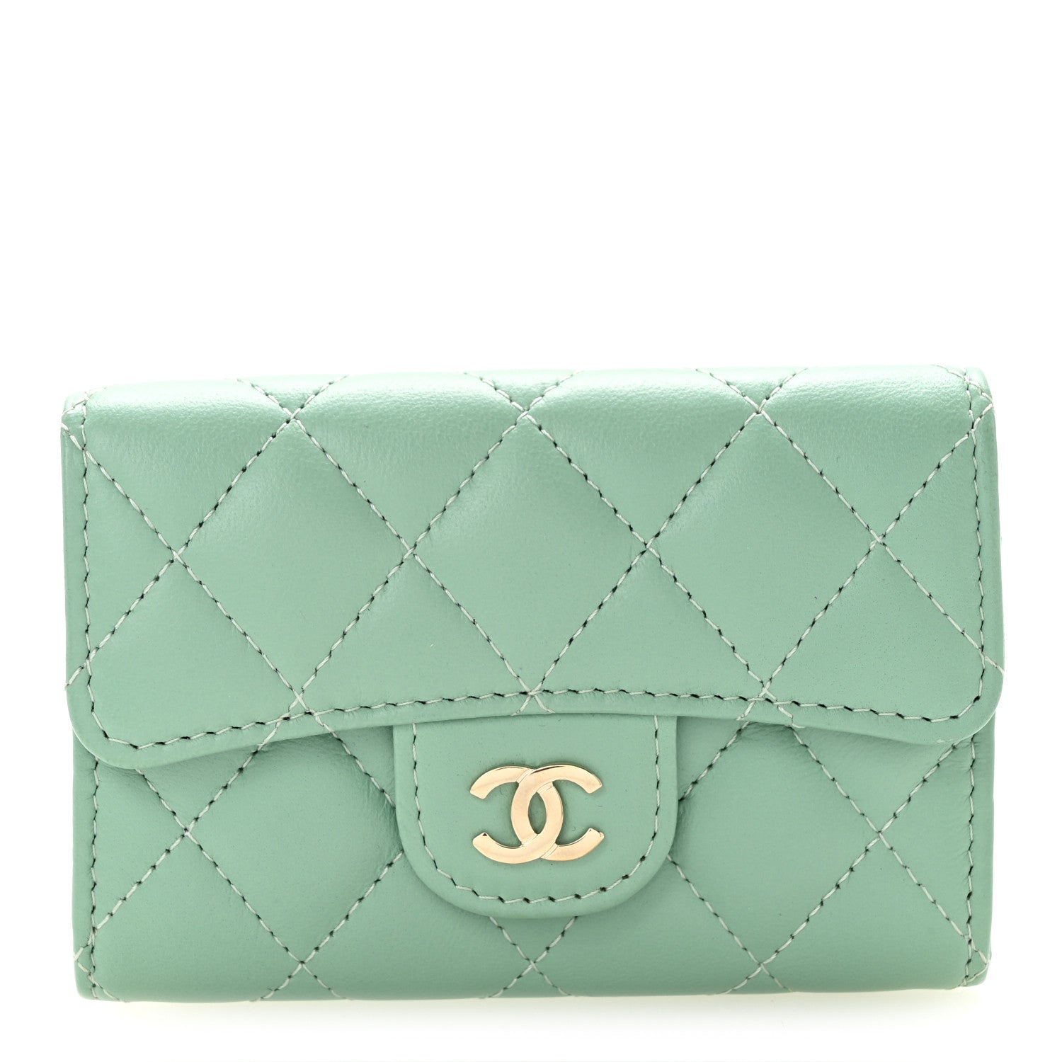 Chanel Lambskin Quilted Flap Card Holder Wallet Green 1 of 9
