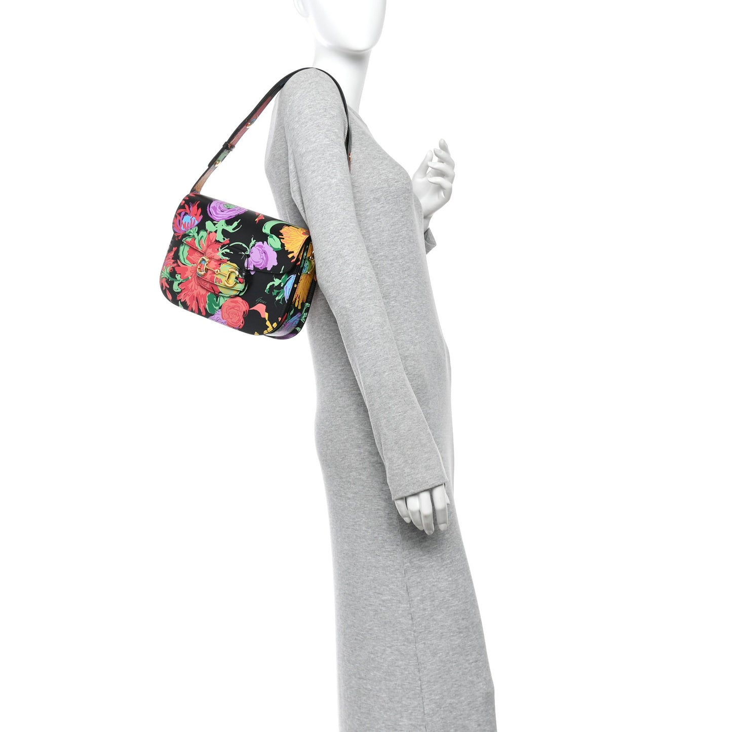 X KEN SCOTT New Shangai Calfskin Jenny Floral Print Horsebit 1955 Shoulder Bag Black Pink