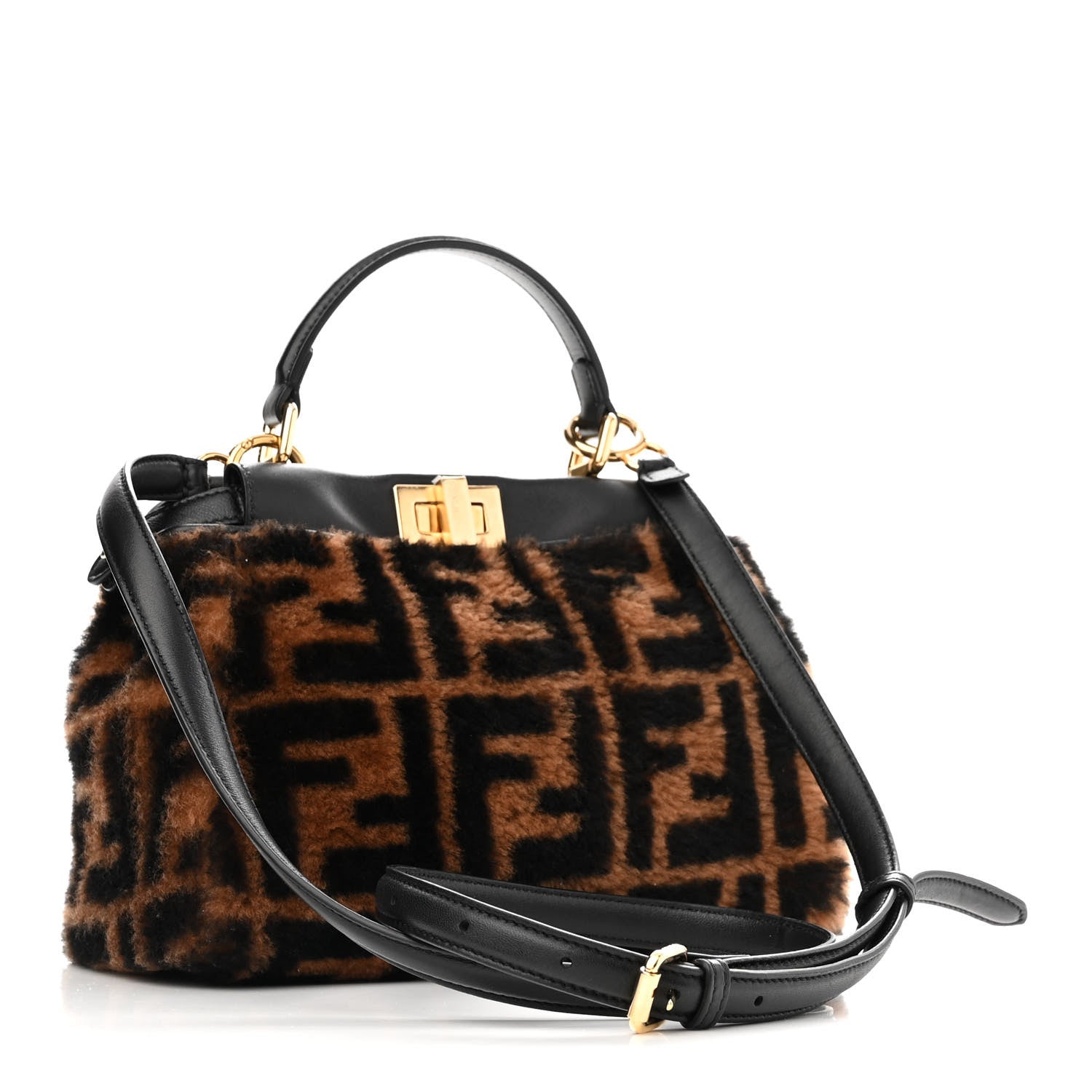 Fendi Shearling Nappa Macro FF 1974 Mini Peekaboo Iconic Satchel Tobacco Black 3 of 15