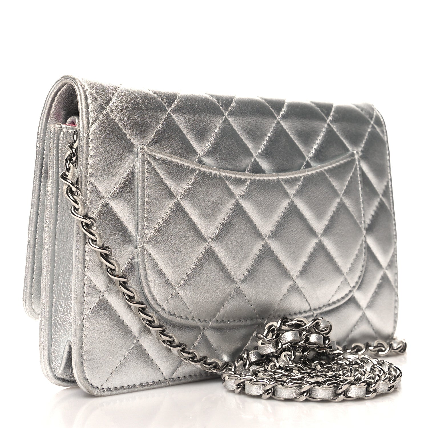 Chanel Metallic Lambskin Quilted Wallet On Chain WOC Silver 3 of 12