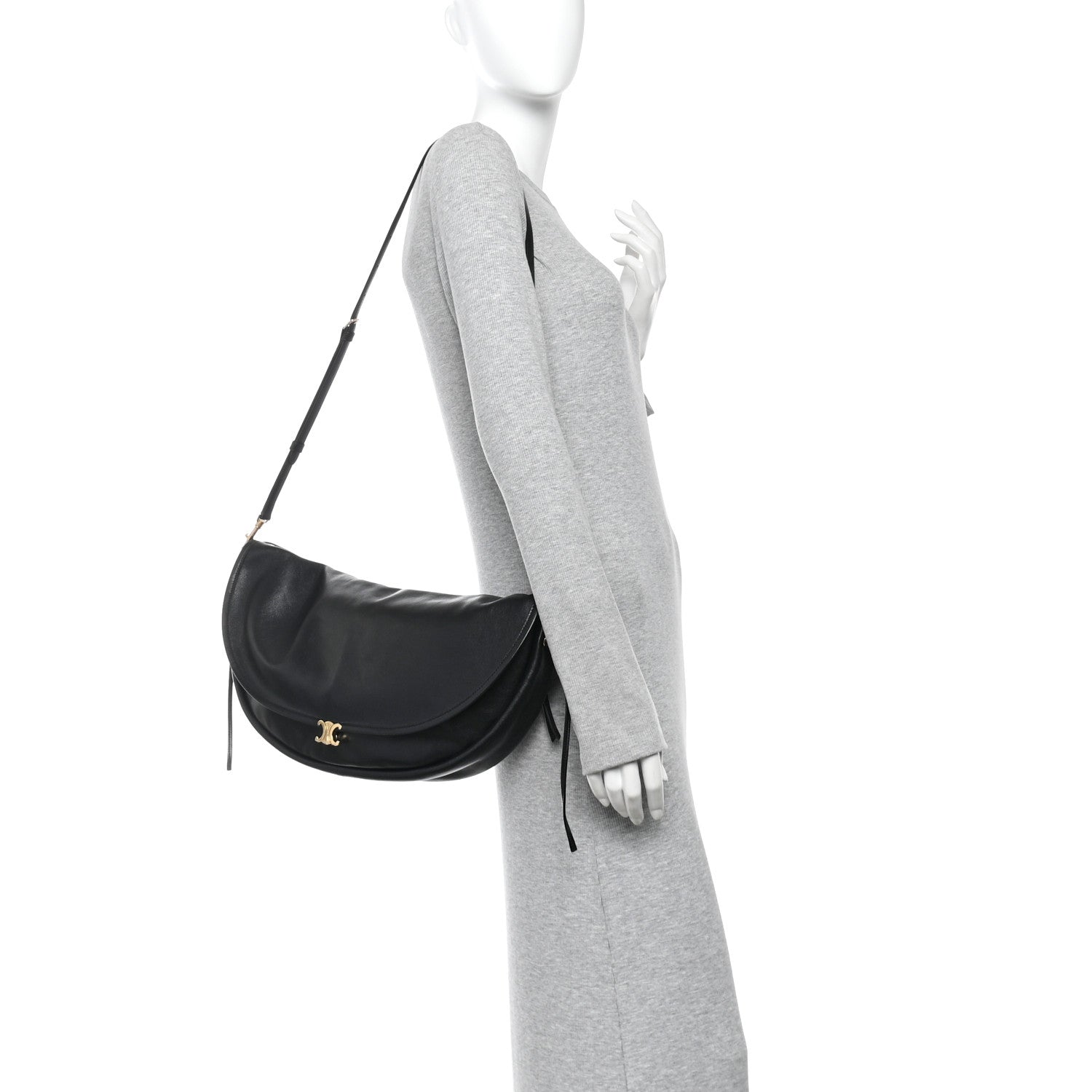 Celine Shiny Lambskin Soft Triomphe Half Moon Bag Black 2 of 9