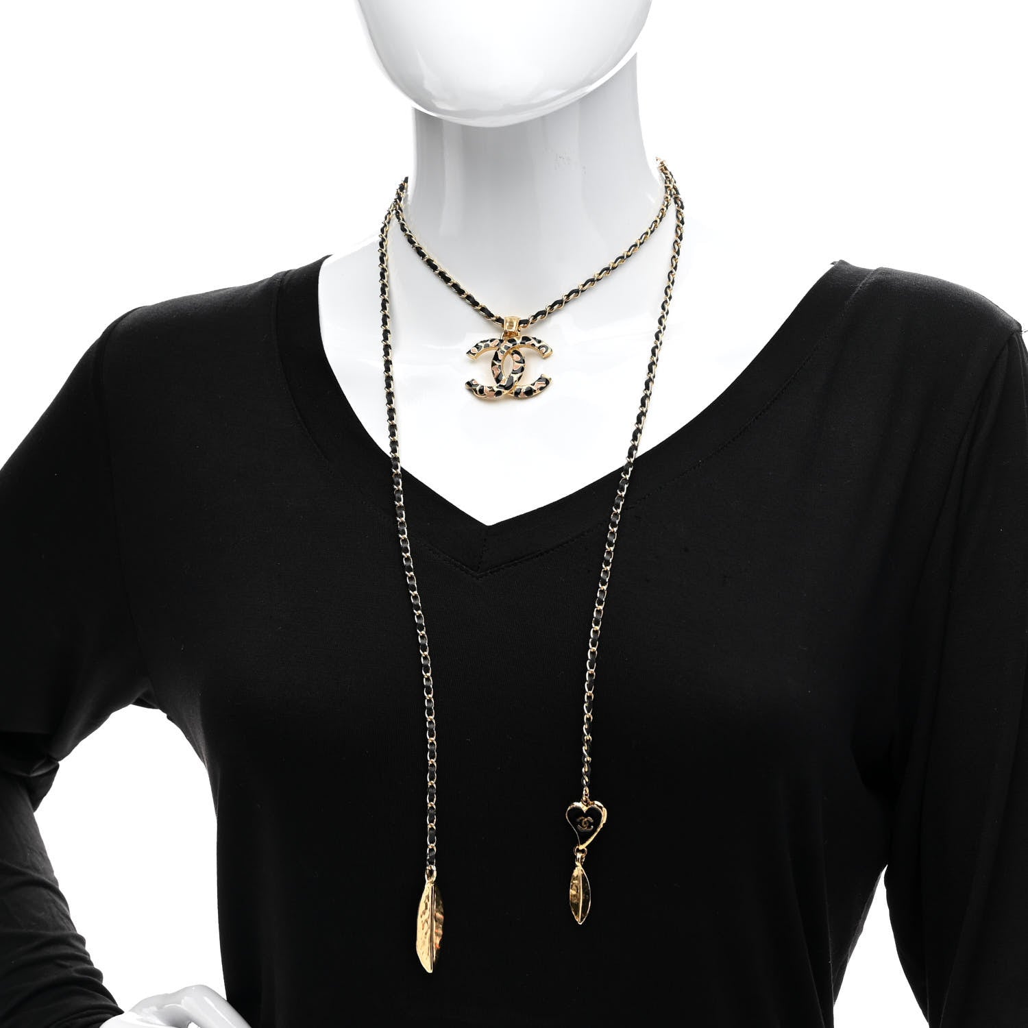 Chanel Metal Calfskin Leopard Print CC Pendant Necklace Gold Black Beige 2 of 7