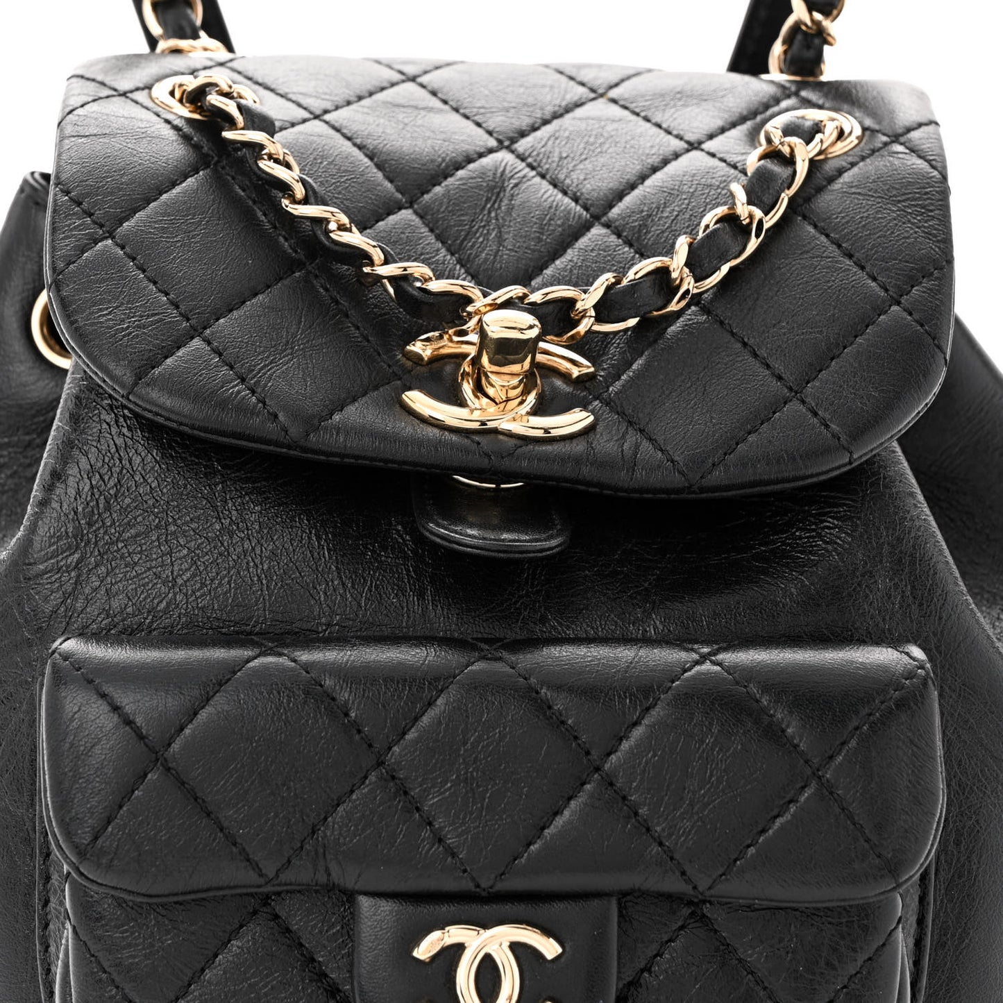 Glazed Aged Calfskin Quilted Small Duma Drawstring Backpack Black
