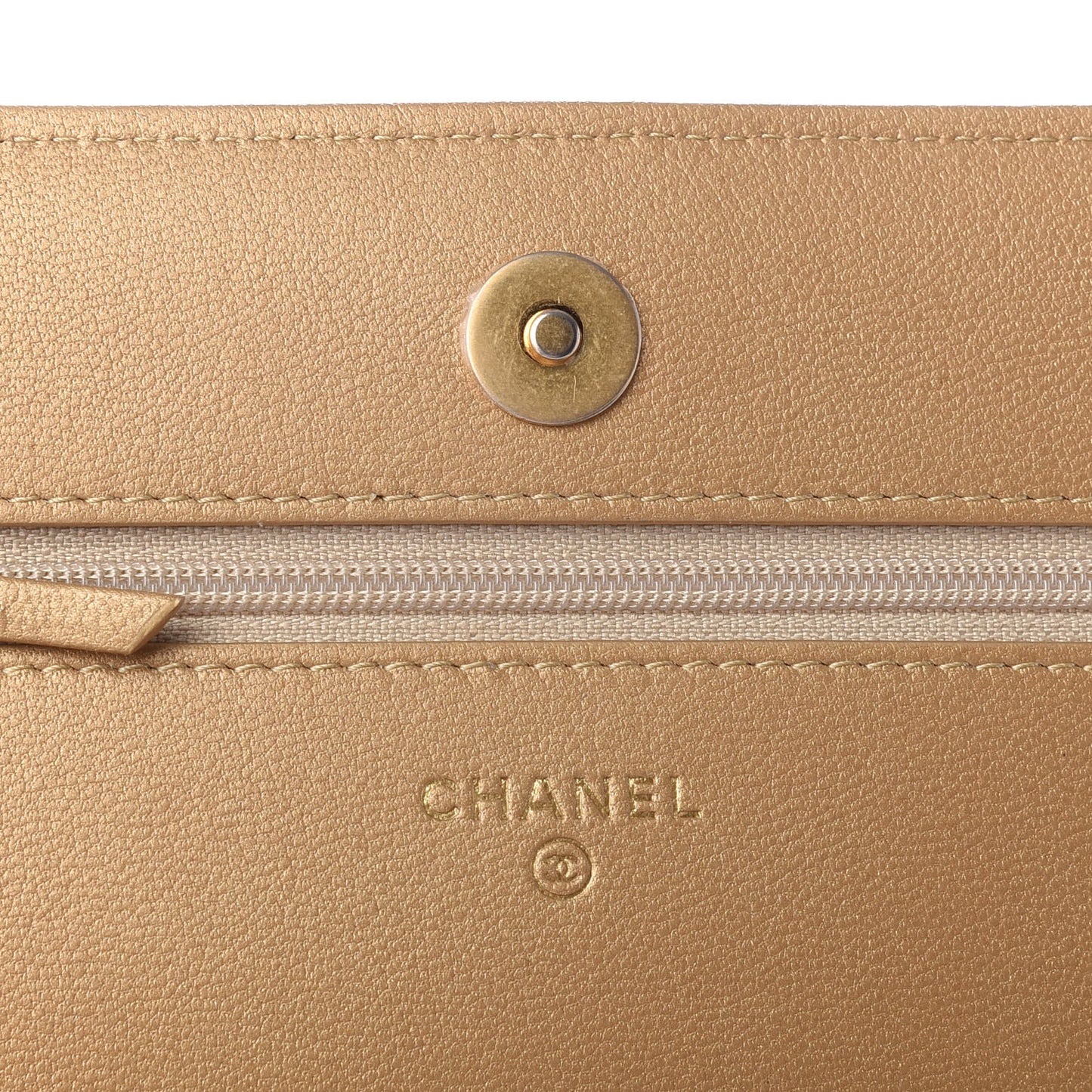 Metallic Goatskin Quilted Chanel 19 Wallet On Chain WOC Gold