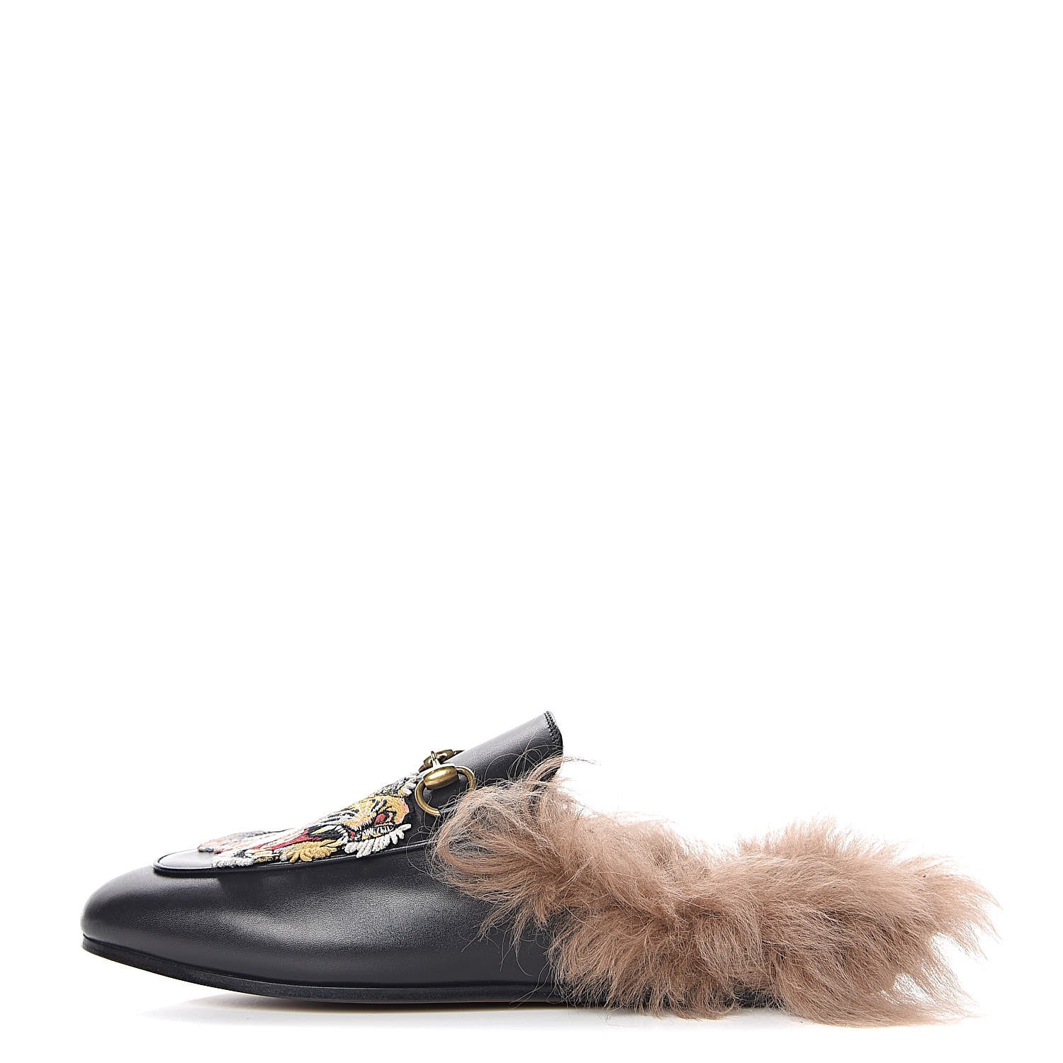 Gucci Calfskin Lambswool Tiger Embroidered Womens Princetown Slippers 37 Black 1 of 8