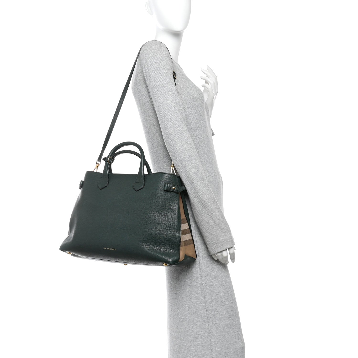 Burberry Derby Calfskin House Check Large Banner Tote Dark Bottle Green 2 of 10