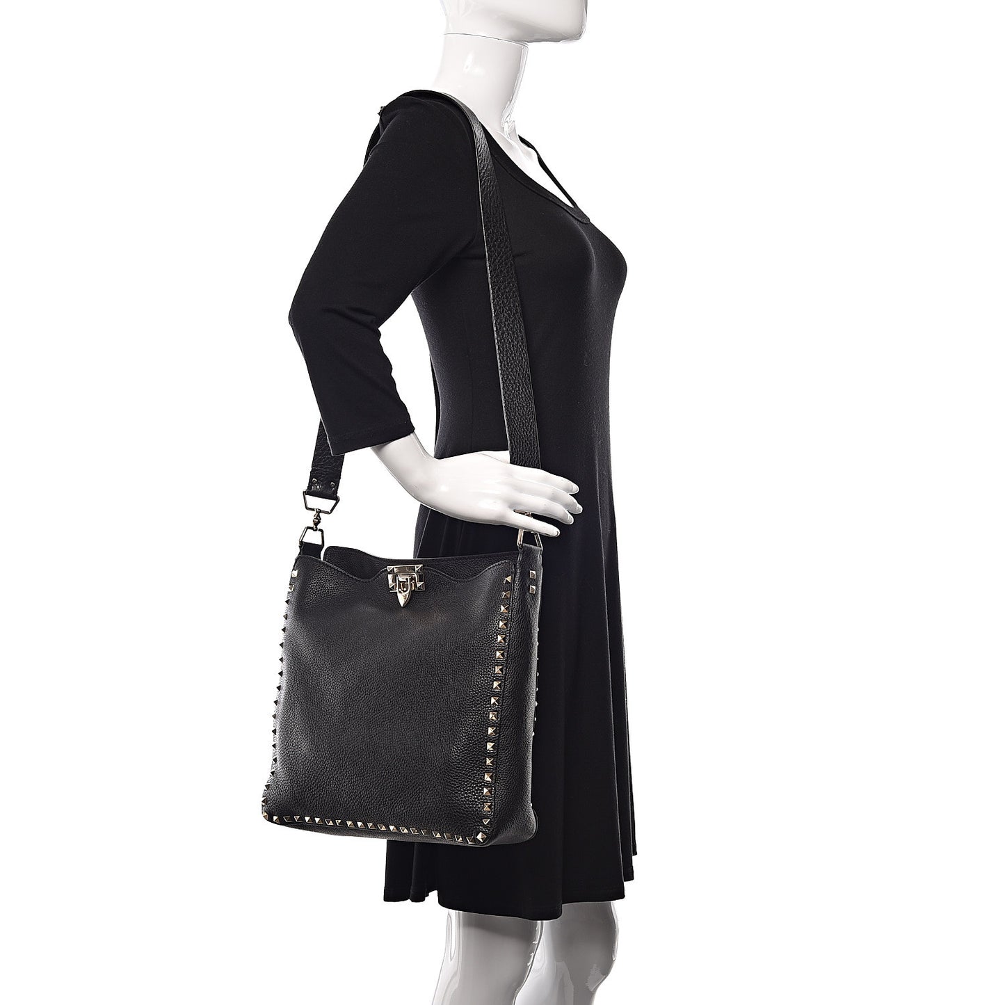 Pebbled Calfskin Large Rockstud Flip-Lock Messenger Bag Black