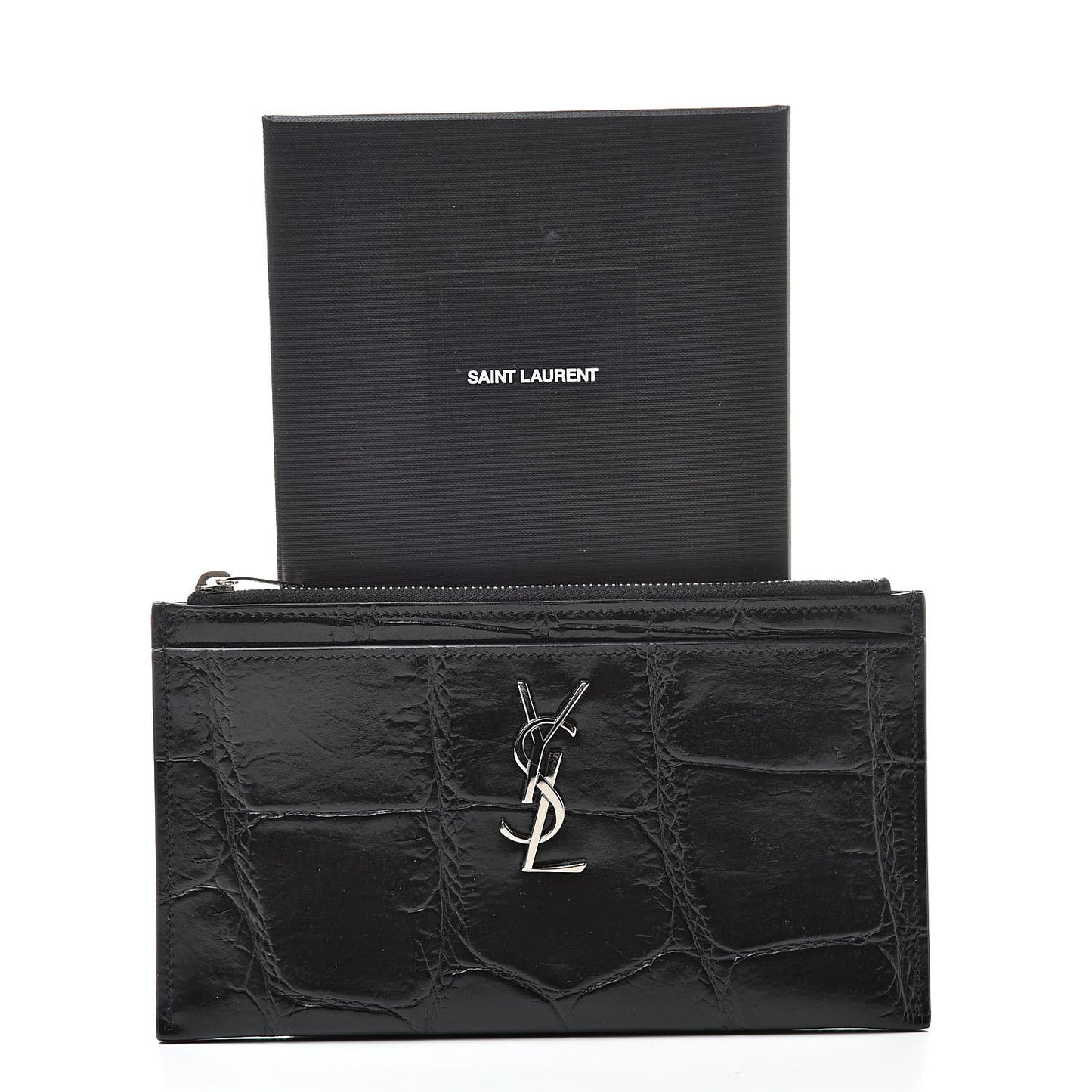 Calfskin Crocodile Embossed Monogram Bill Pouch Black