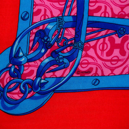 Hermes Cashmere Silk Mors Et Gourmettes Remix Shawl 140 Vermillon Rose Bleu Azur 4 of 6