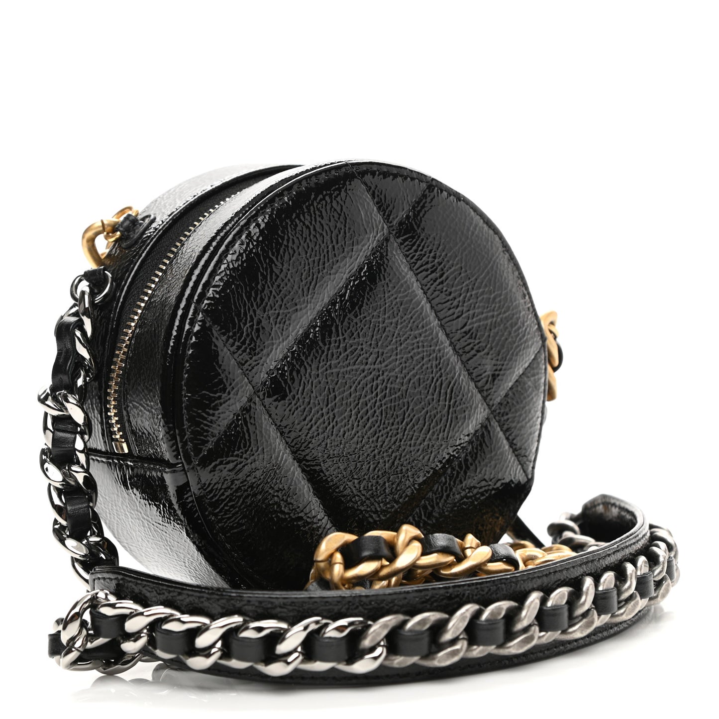 Shiny Crumpled Calfskin Quilted Chanel 19 Round Clutch With Chain Black