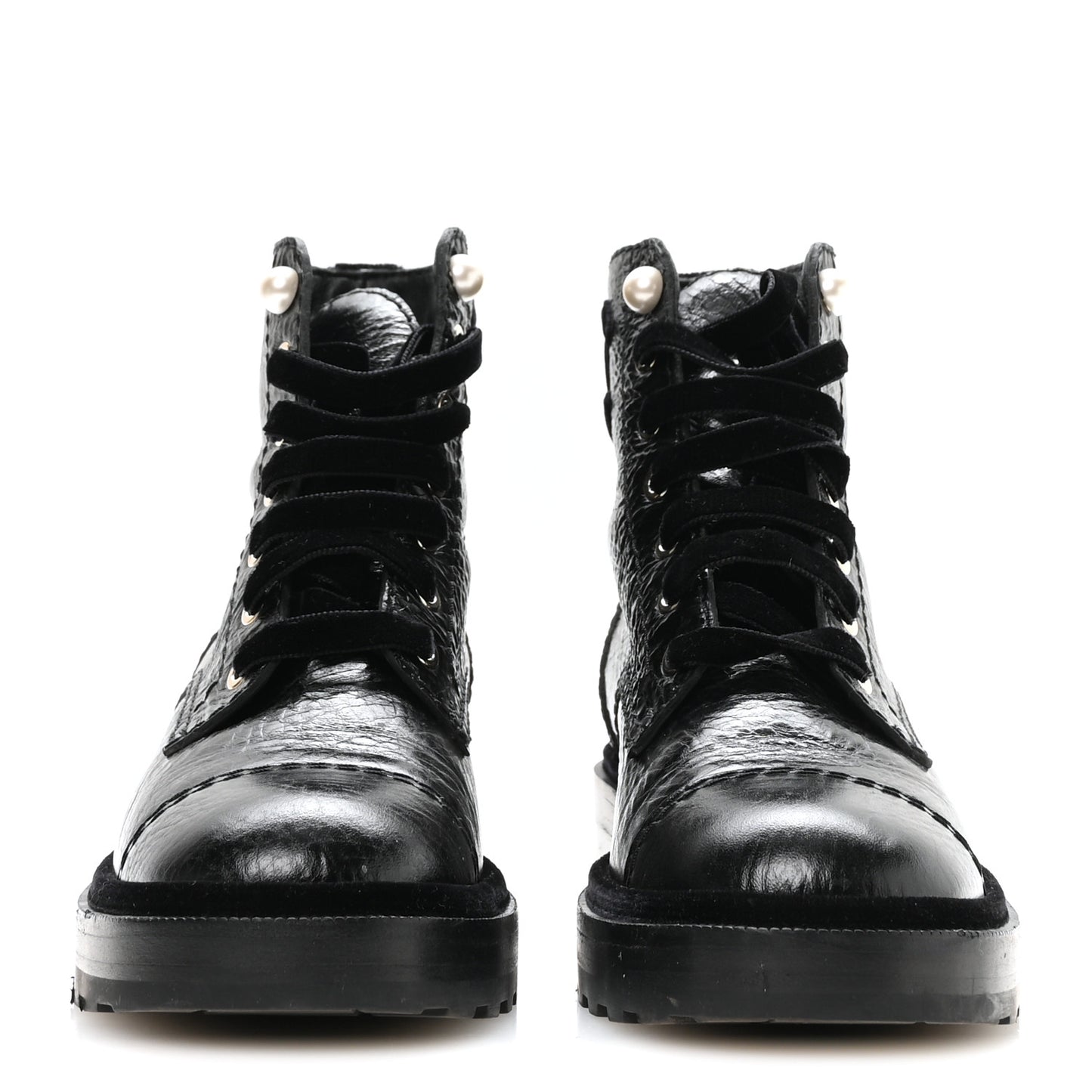 Shiny Calfskin Velvet Pearl Combat Short Boots 37.5 Black