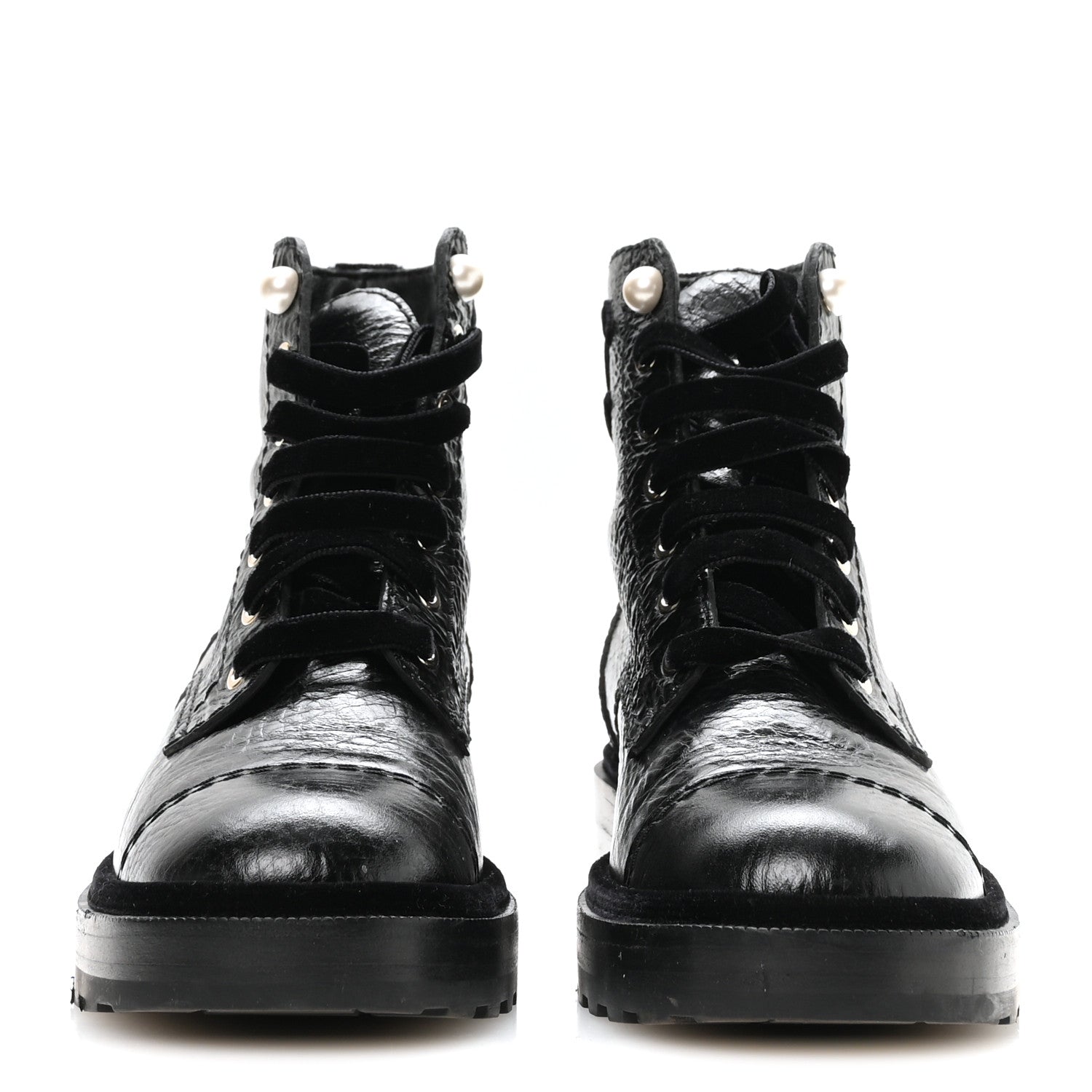 Chanel Shiny Calfskin Velvet Pearl Combat Short Boots 37.5 Black 3 of 9