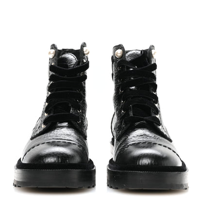 Chanel Shiny Calfskin Velvet Pearl Combat Short Boots 37.5 Black 3 of 9