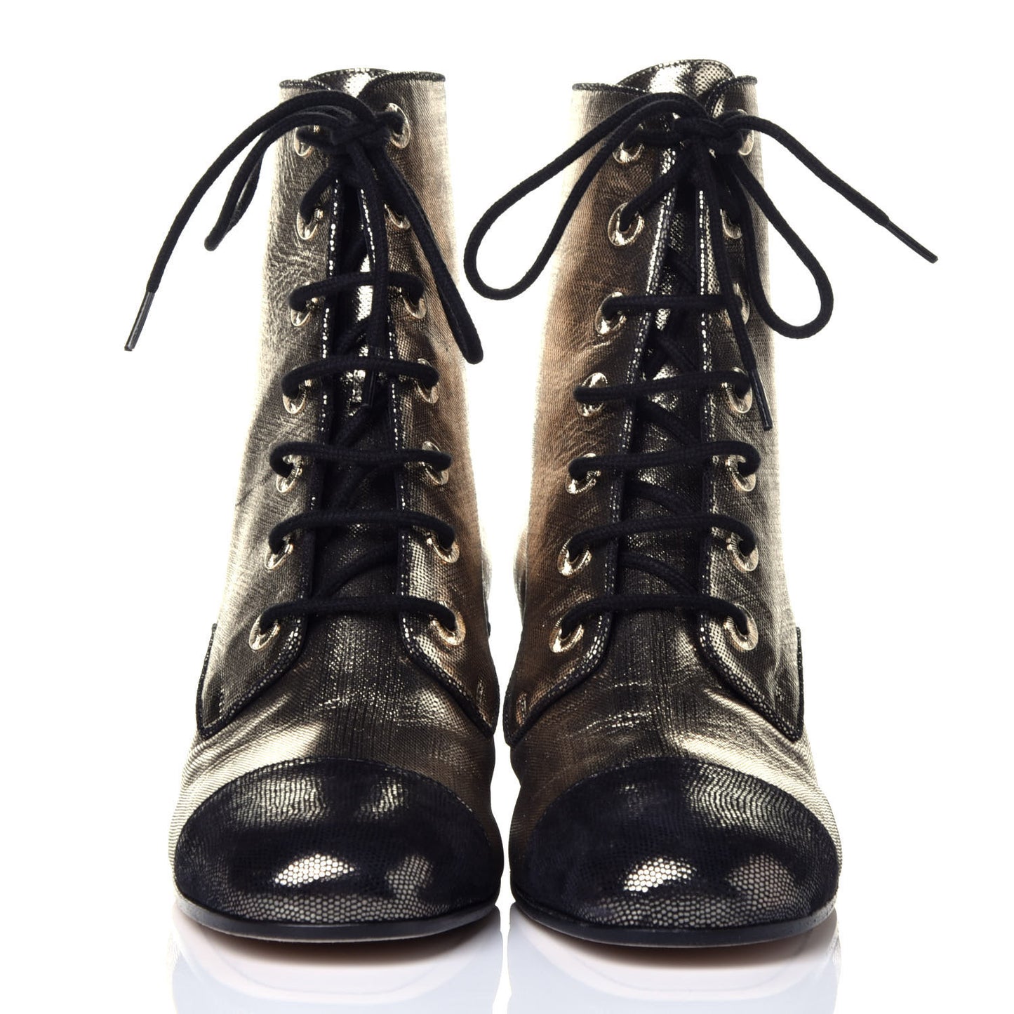 Laminated Calfskin CC Lace Up Short Boots 38.5 Gold Silver