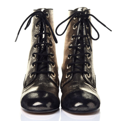 Chanel Laminated Calfskin CC Lace Up Short Boots 38.5 Gold Silver 2 of 8