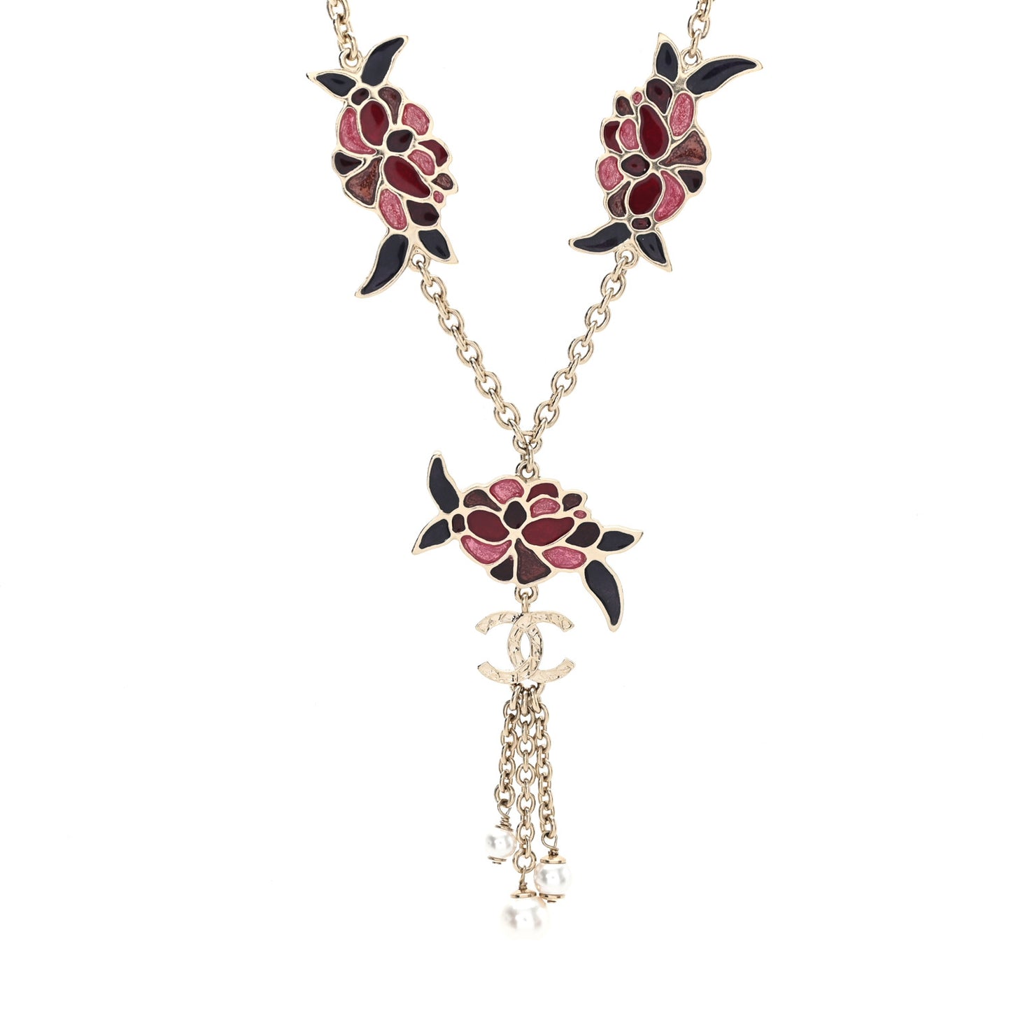 Resin Pearl Metal CC Camellia Necklace Pink Gold