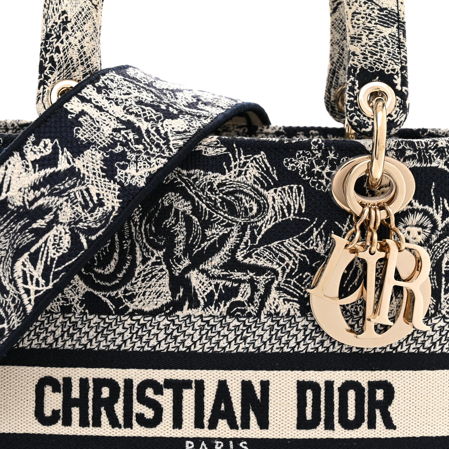 Christian Dior Canvas Toile De Jouy Reverse Embroidered Medium Lady D-Lite Navy 8 of 10