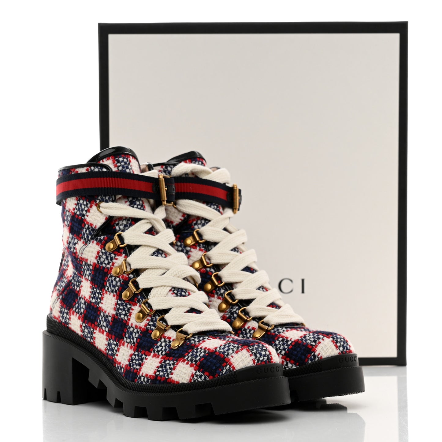 Vintage Tweed Check Lace Up Combat Ankle Boots 39 White Hibiscus Red Marine