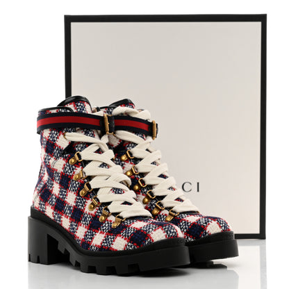 Gucci Vintage Tweed Check Lace Up Combat Ankle Boots 39 White Hibiscus Red Marine 9 of 9