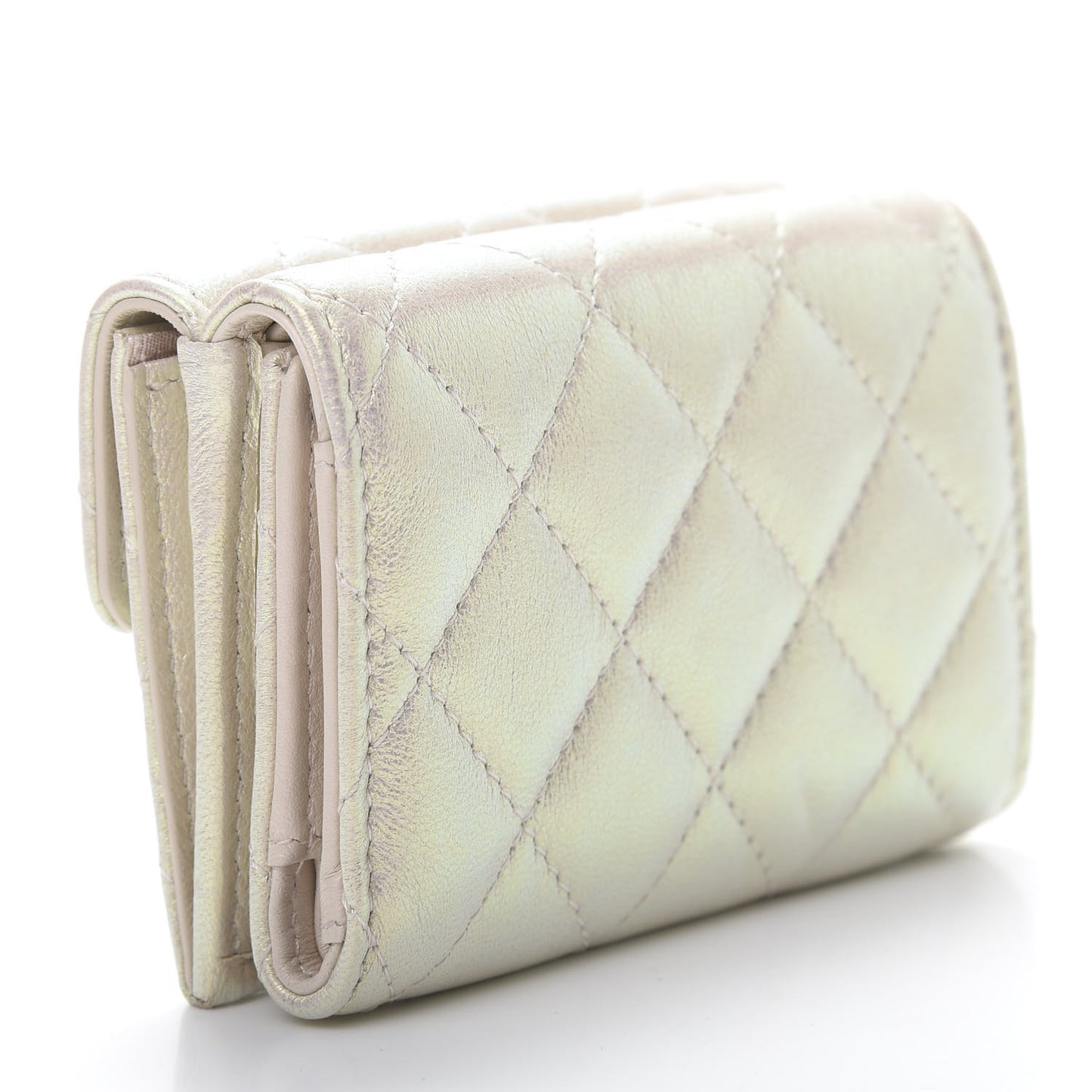 Iridescent Lambskin Quilted Double Flap Wallet Ivory