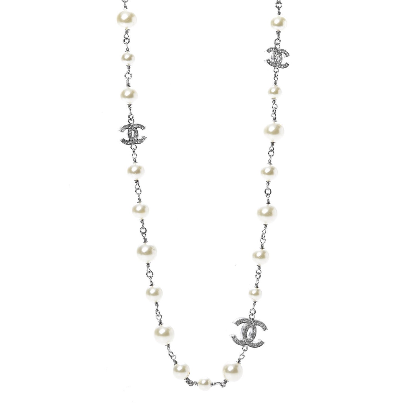 Graduated Pearl Crystal CC Long Necklace Silver