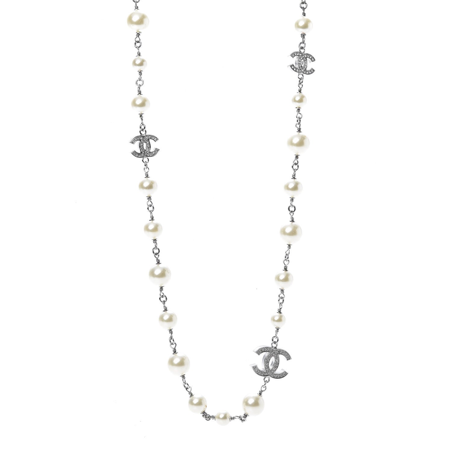 Chanel Graduated Pearl Crystal CC Long Necklace Silver 1 of 6