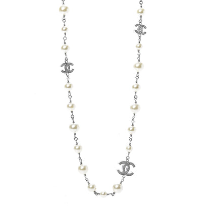 Chanel Graduated Pearl Crystal CC Long Necklace Silver 1 of 6
