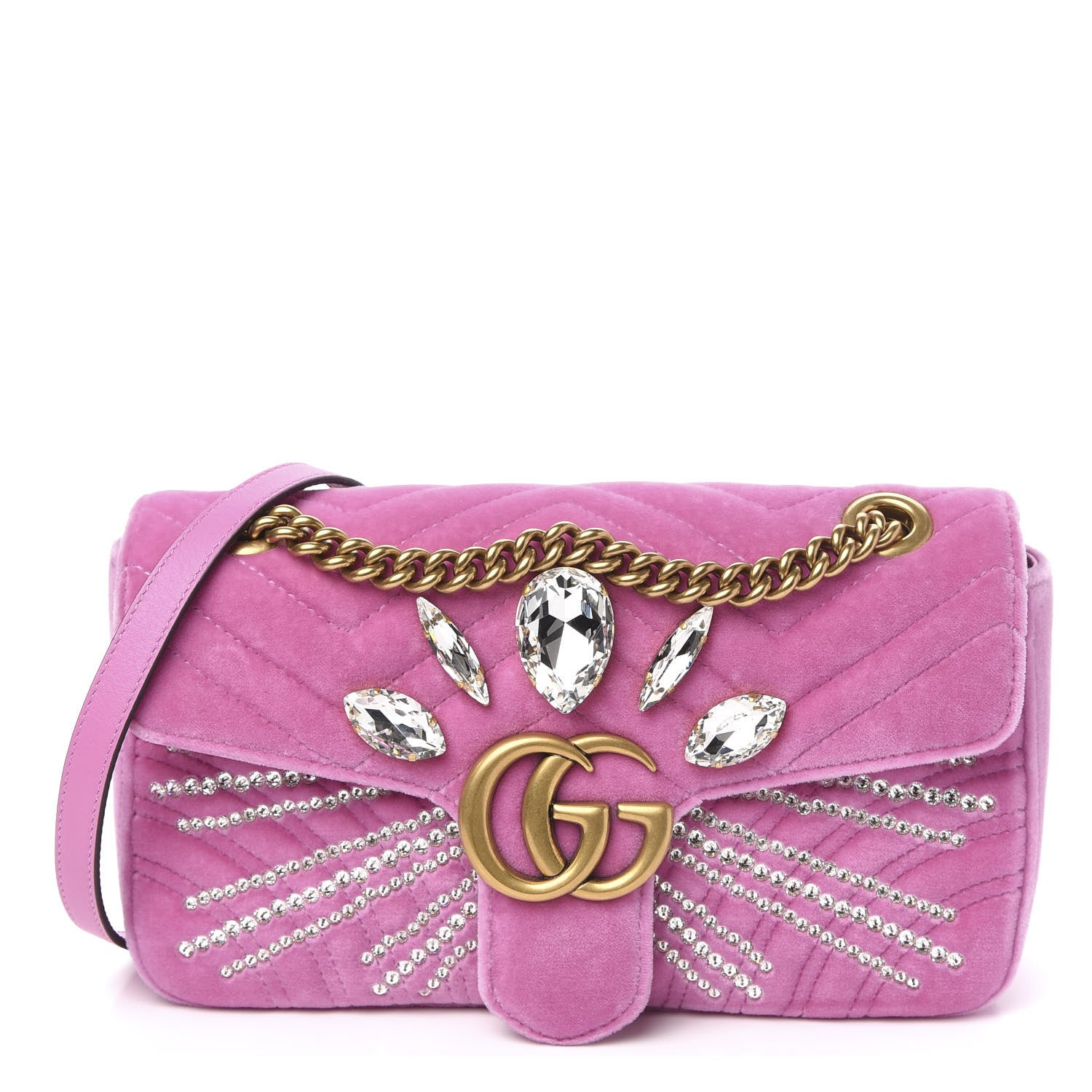 Gucci Velvet Matelasse Marquise Crystals Embroidered Small GG Marmont Shoulder Bag Malva 1 of 10