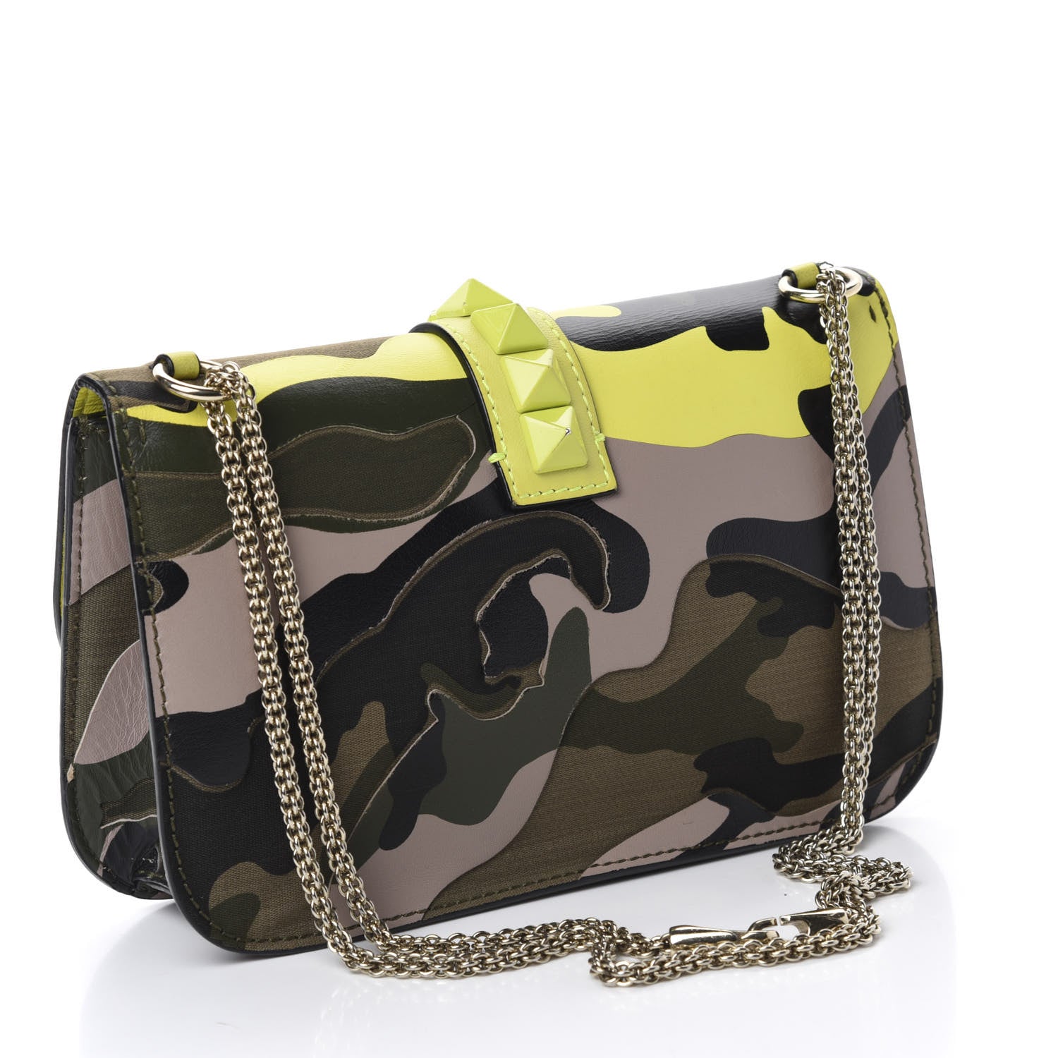 Valentino Garavani Nappa Canvas Camouflage Medium Glam Lock Rockstud Flap Fluo Yellow 3 of 14