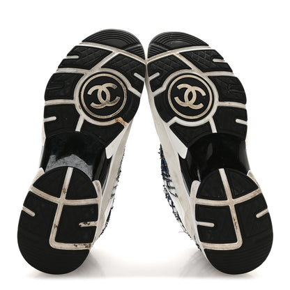 Chanel Tweed Suede Calfskin Womens CC Sneakers 39.5 Dark Blue Black Grey White 6 of 7