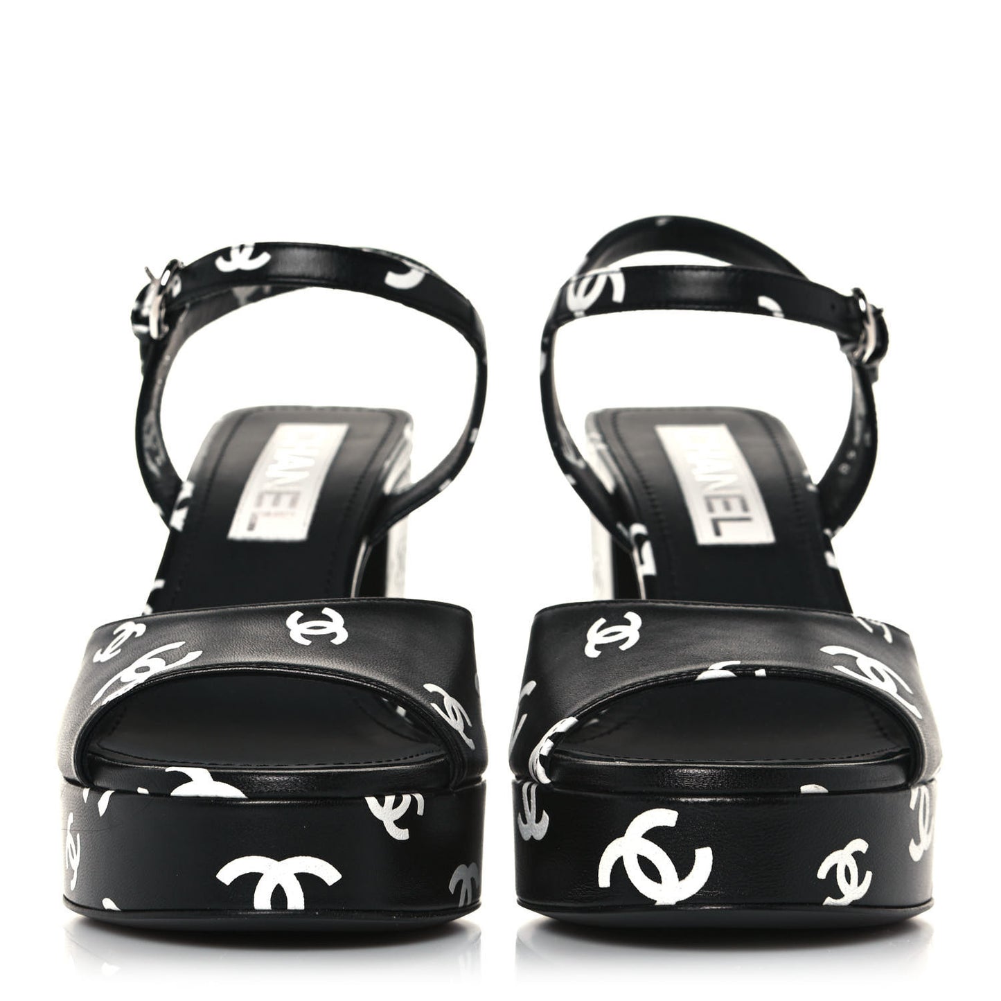 Printed Lambskin CC Platform Sandals 38 Black White