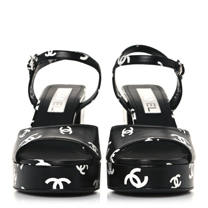 Chanel Printed Lambskin CC Platform Sandals 38 Black White 2 of 8