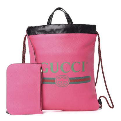 Gucci Grained Calfskin Logo Drawstring Backpack Box Pink Green Black 1 of 12