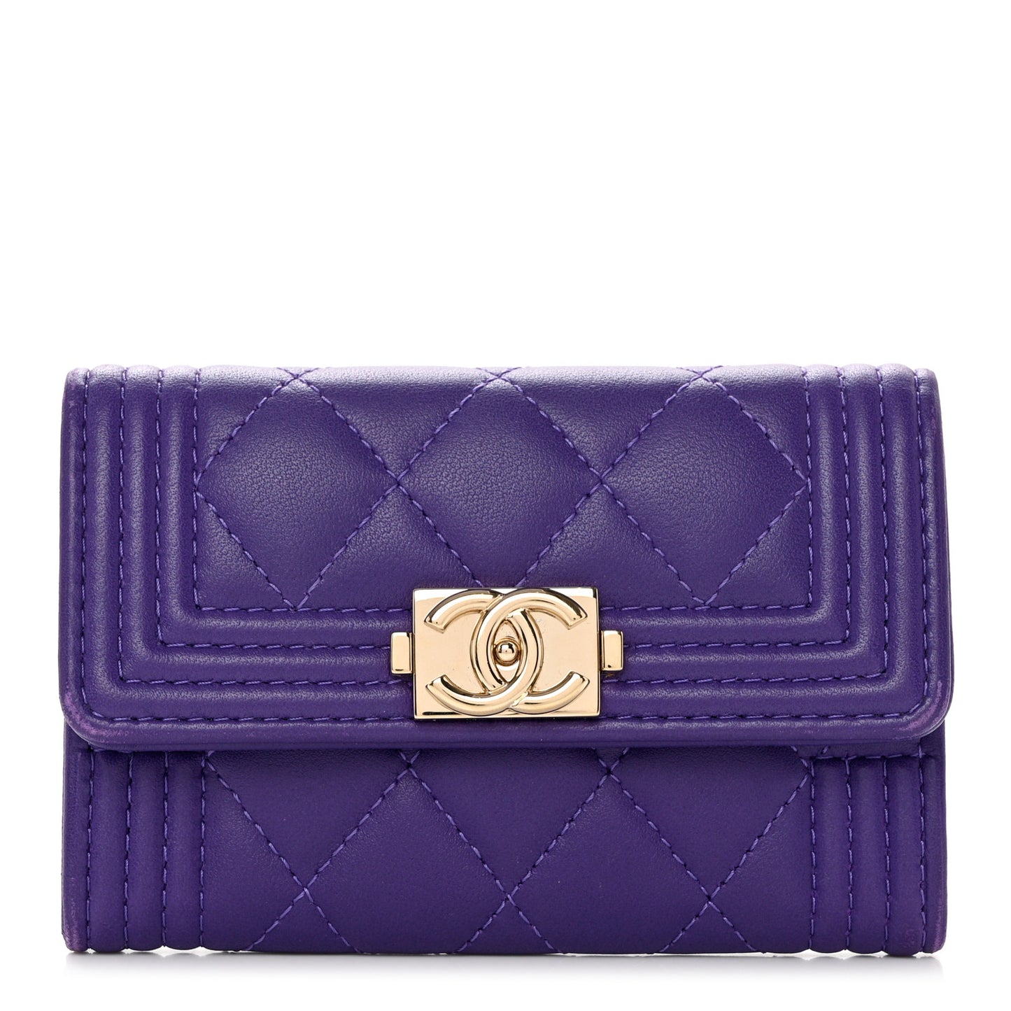 Lambskin Quilted Boy Flap Card Holder Purple