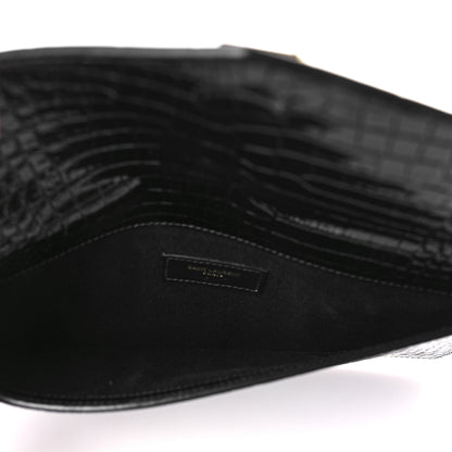 Saint Laurent Calfskin Crocodile Embossed Uptown Monogram Clutch Black 5 of 7
