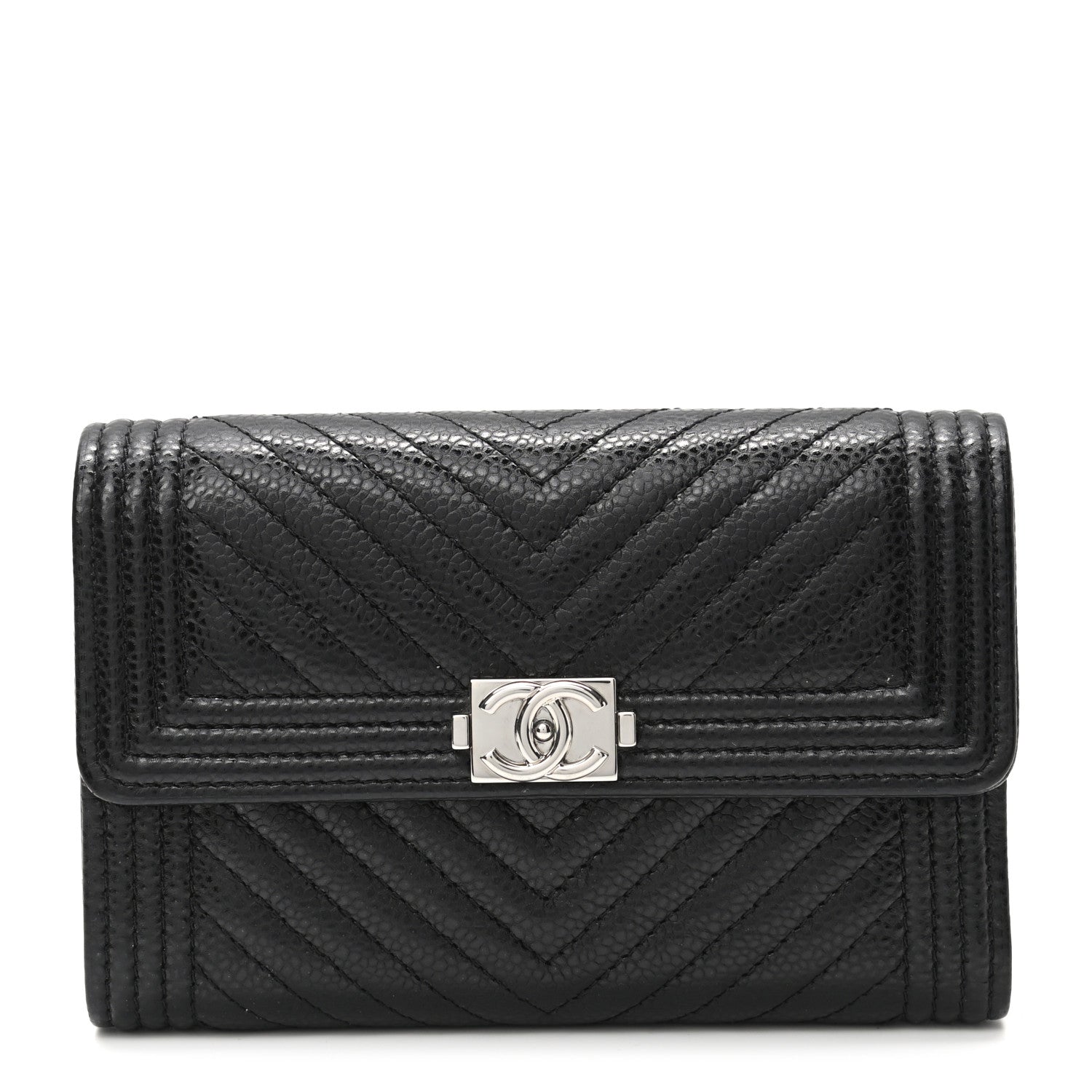 Chanel Caviar Chevron Quilted Medium Boy Flap Wallet Black 1 of 8