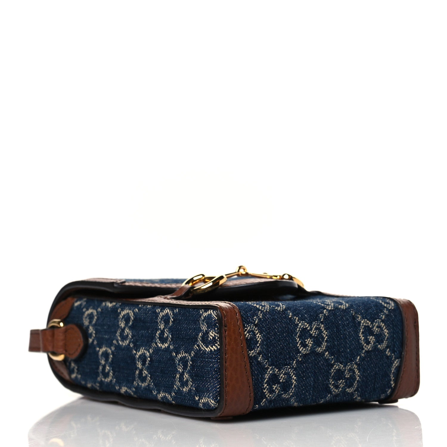 Gucci New Denim GG Monogram Dollar Calfskin Mini Horsebit 1955 Crossbody Bag Blue Tea Cuir Epilog 4 of 11