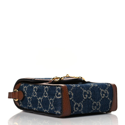 Gucci New Denim GG Monogram Dollar Calfskin Mini Horsebit 1955 Crossbody Bag Blue Tea Cuir Epilog 4 of 11