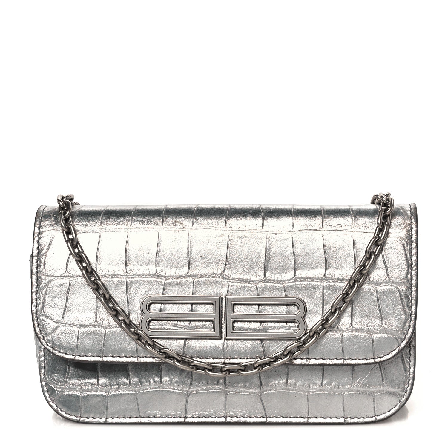 Balenciaga Metallic Extra Supple Calfskin Crocodile Embossed Gossip Wallet On Chain Silver 1 of 10