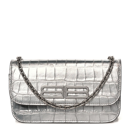 Balenciaga Metallic Extra Supple Calfskin Crocodile Embossed Gossip Wallet On Chain Silver 1 of 10