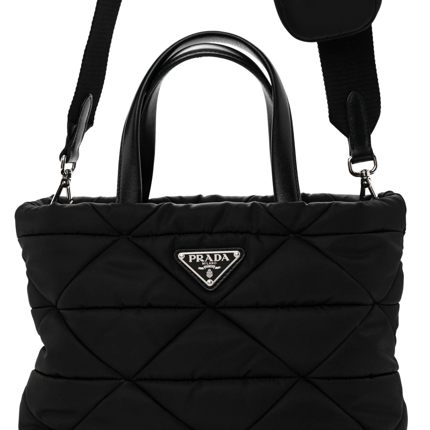 Re-Nylon Nappa Triangle Quilted Padded Double Handled Zip Pocket Tote Black