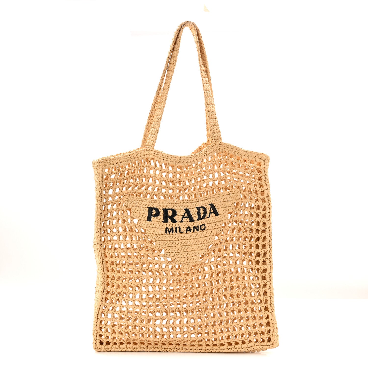 Prada Yarn Raffia Effect Crochet Logo Embroidered Tote Bag Naturale 1 of 9
